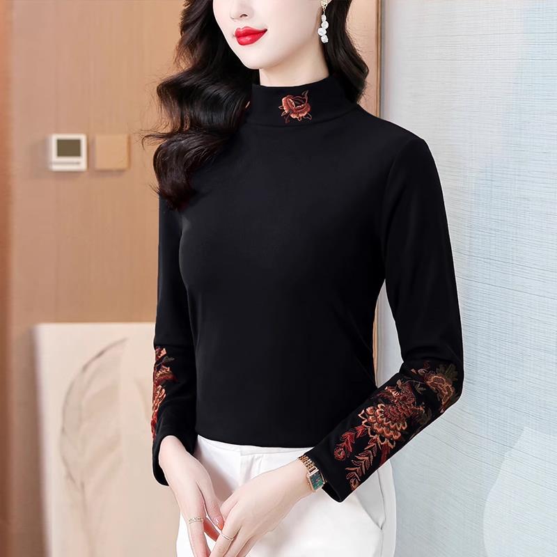 ROUMIKL刺绣杭州打底衫女装春秋冬义乌四季青妈妈高领双面上衣可