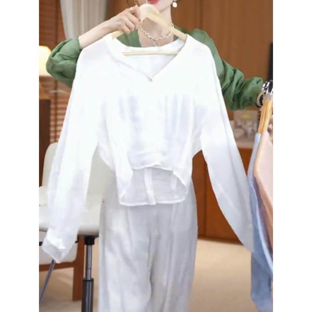 ROUMIKL时尚舒适高级感V领长袖衬衫2025早秋新款修身洋气显瘦减龄