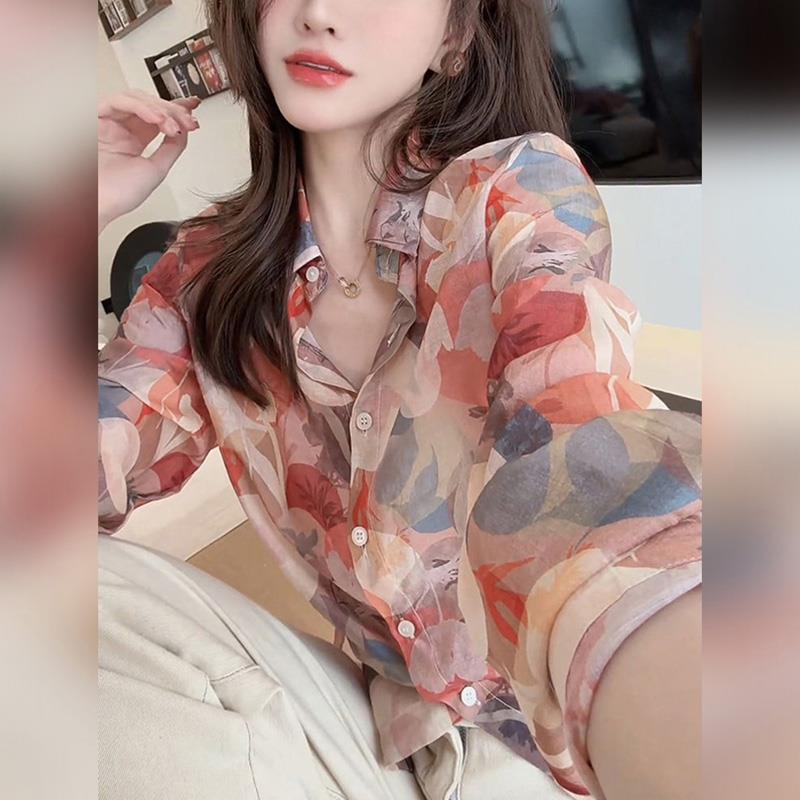 ROUMIKL新款秋季薄款开衫印花长袖衬衫女装设计感小众别致开衫POL