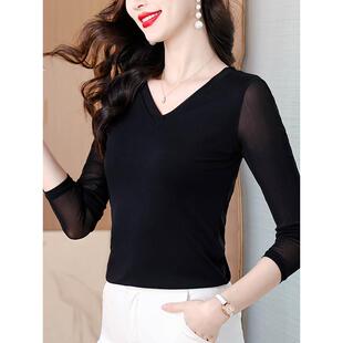 ROUMIKL高端贵夫人网纱T恤女秋冬广州十三行义乌素订洋气内搭打底