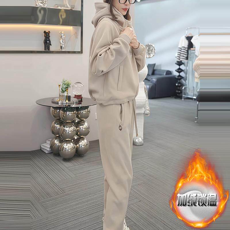 ROUMIKL时尚加绒卫衣套装女冬季欧货洋气时髦宽松显瘦休闲裤子运