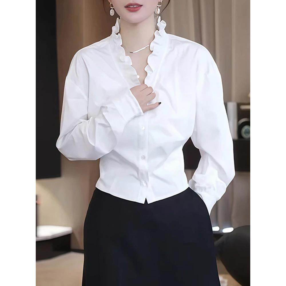 ROUMIKL美式设计感宽松荷叶边衬衫女款V领白色波点喇叭袖高级感雪