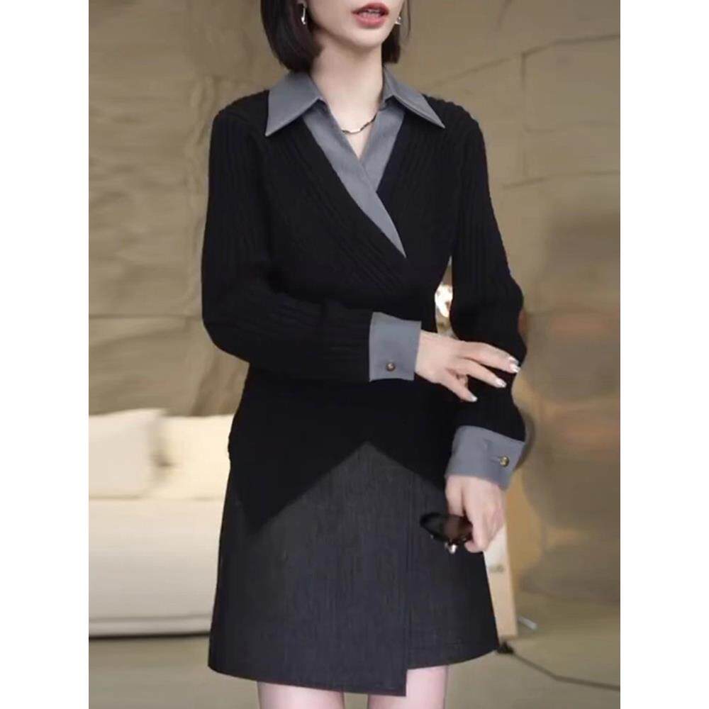 ROUMIKL气质黑色显瘦假两件针织衫女秋季韩系别致收腰高级感POLO