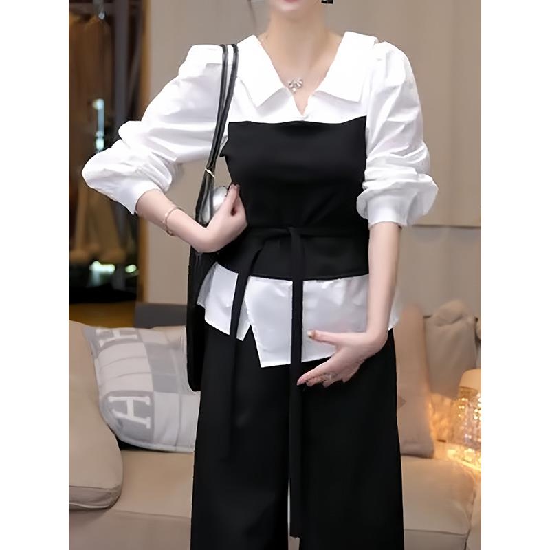 ROUMIKL韩系甜美减龄气质翻领针织拼接假两件衬衫女秋季新款收腰