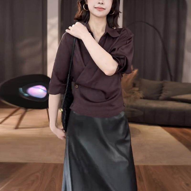 ROUMIKL气质时尚交叉V领收腰长袖衬衫女2025早秋新款高级感修身显