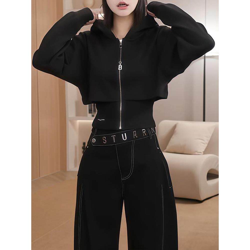 ROUMIKL美式覆古黑色赫本风连帽卫衣女士秋季宽松设计感收腰百搭