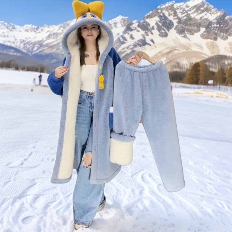 珊瑚绒睡袍奇妙鸭女秋冬季长款加绒加厚甜美可外穿家居服睡衣