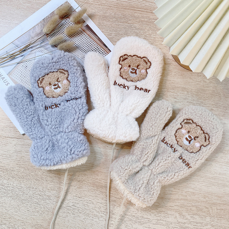 手套女冬季可爱保暖学生韩版骑车加绒加厚全指卡通挂脖包指防寒