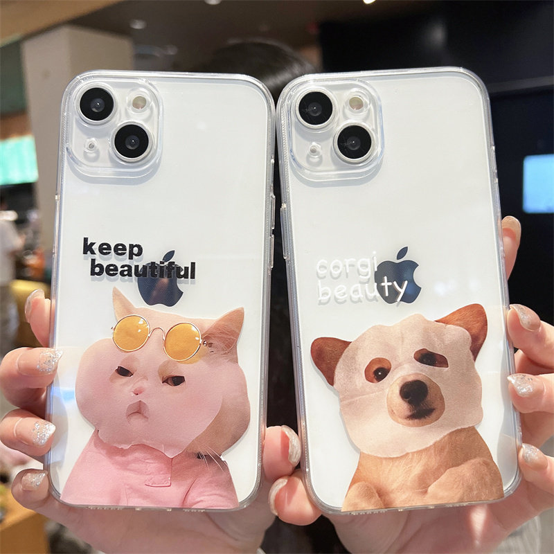 贴面膜猫咪小狗可爱趣味适用iPhone14手机壳苹果13pro软壳12mini透明15硅胶xsmax防摔16全包镜头8plus女7套6s
