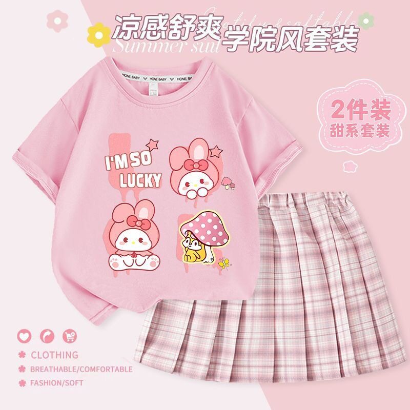 卡通甜美女童短袖T恤百褶裙套装