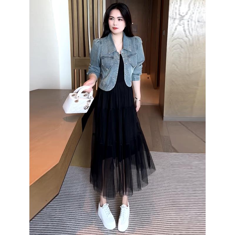 ROUMIKL中长款网纱连衣裙套装女秋2025年秋季新款覆古牛仔短外套