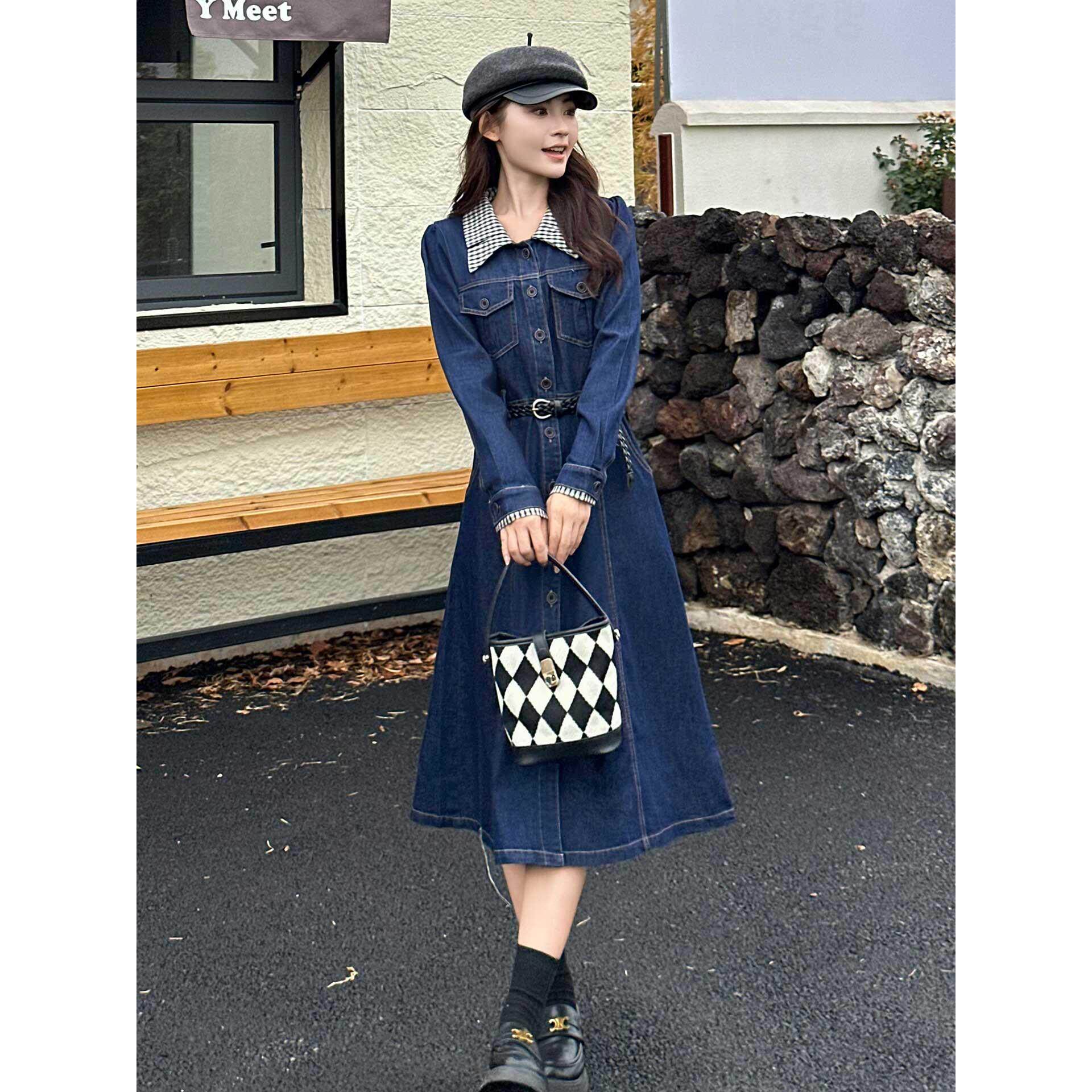 ROUMIKL牛仔连衣裙女中长款2025秋季新款小个子长袖收腰显瘦衬衫