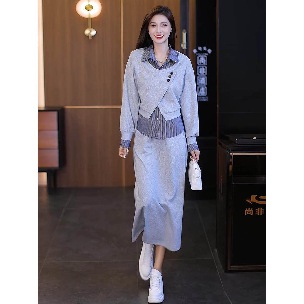 ROUMIKL时尚休闲半身裙套装女2025年春秋季新款洋气减龄假两件卫