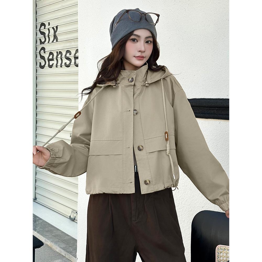 ROUMIKL洋气短款连帽风衣外套女025春秋新款宽松百搭小个子短款夹