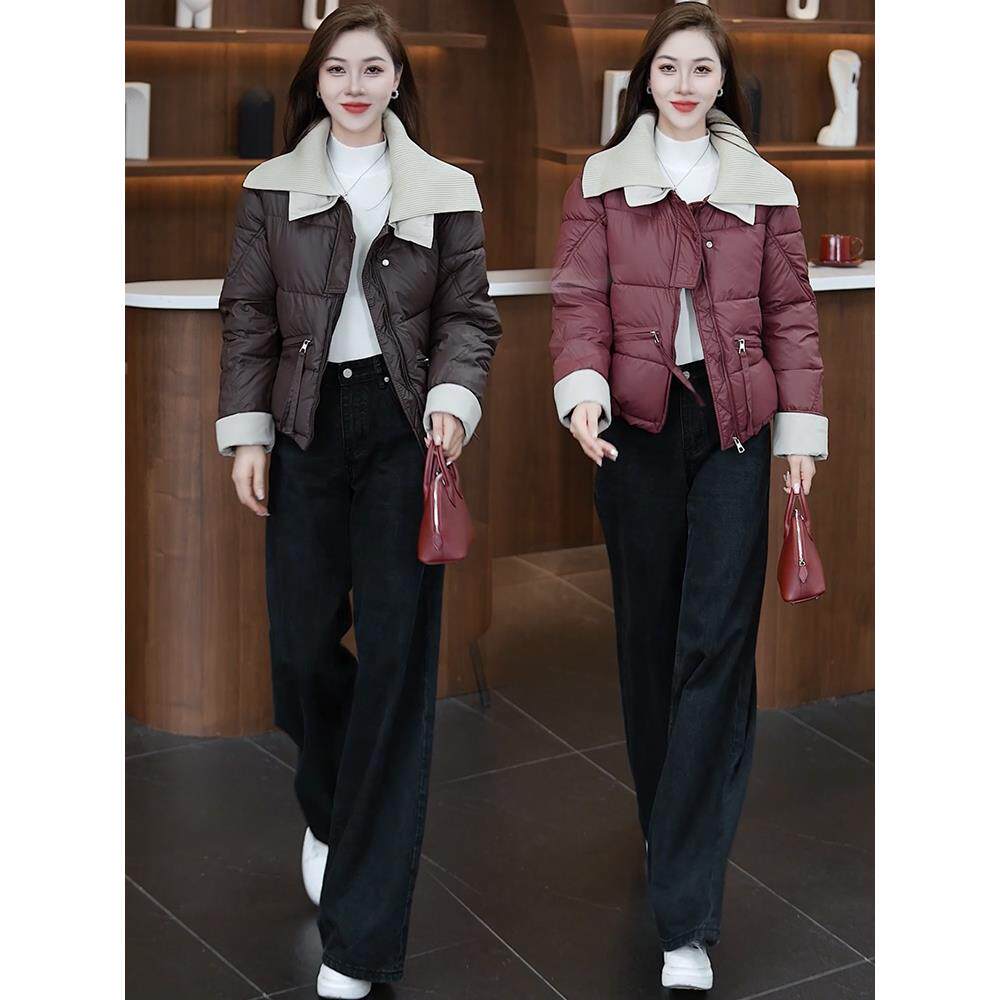 ROUMIKL针织翻领加厚PU皮服女2025秋冬新款拼接短款保暖撞色衣袄
