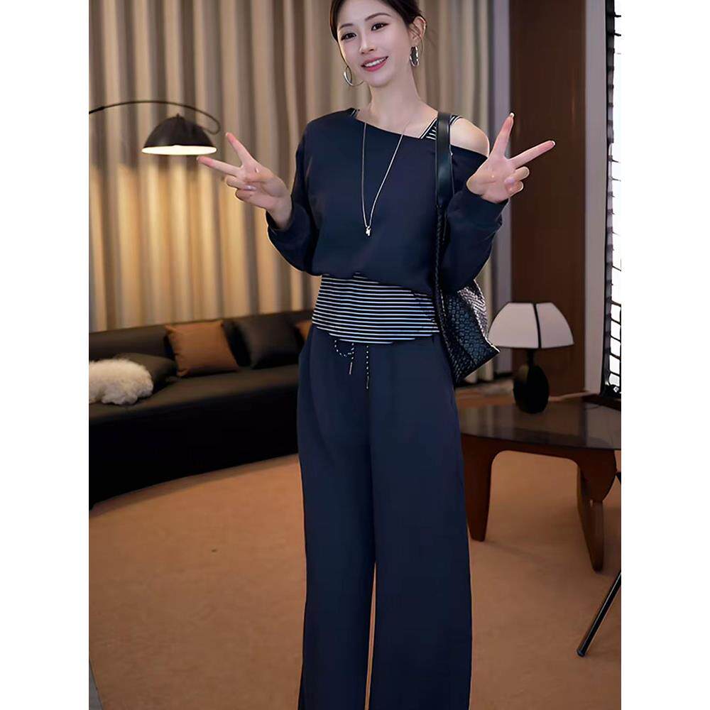 ROUMIKL时尚休闲套装女2025秋季新款减龄条纹背心+短款卫衣+阔腿