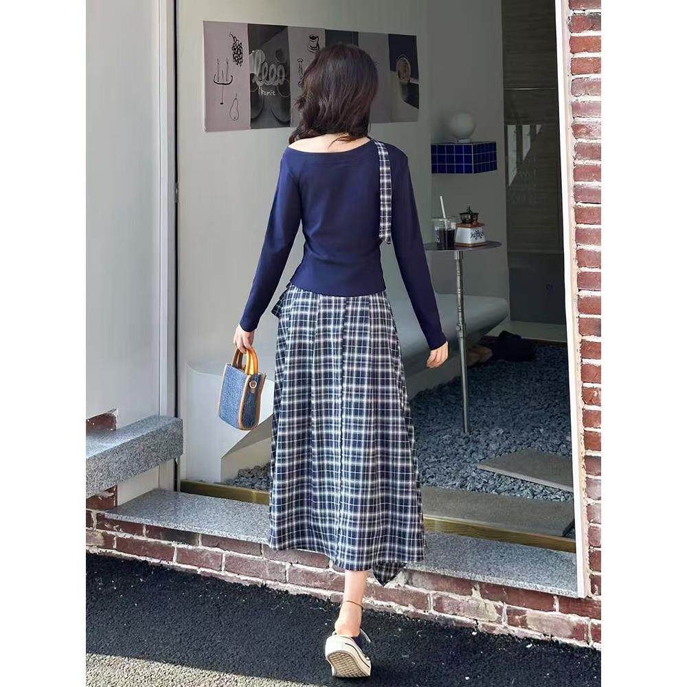 ROUMIKL时尚套装裙女2025春秋季新款洋气减龄格子半身裙+T恤上衣