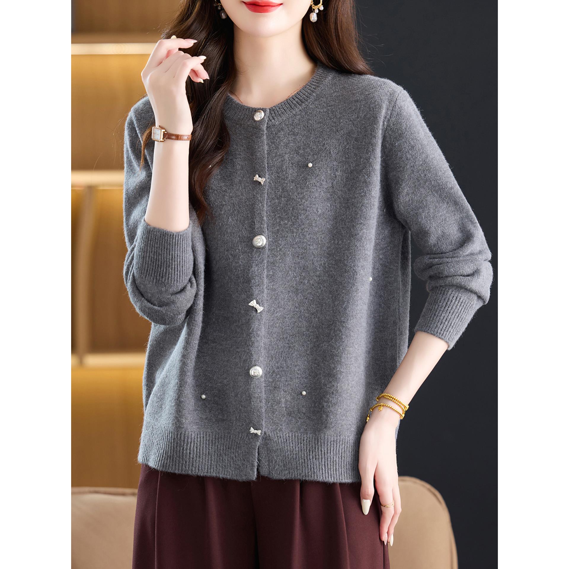 ROUMIKL圆领钉珠针织开衫女士红色毛衣外套宽松显瘦减龄上衣秋季2