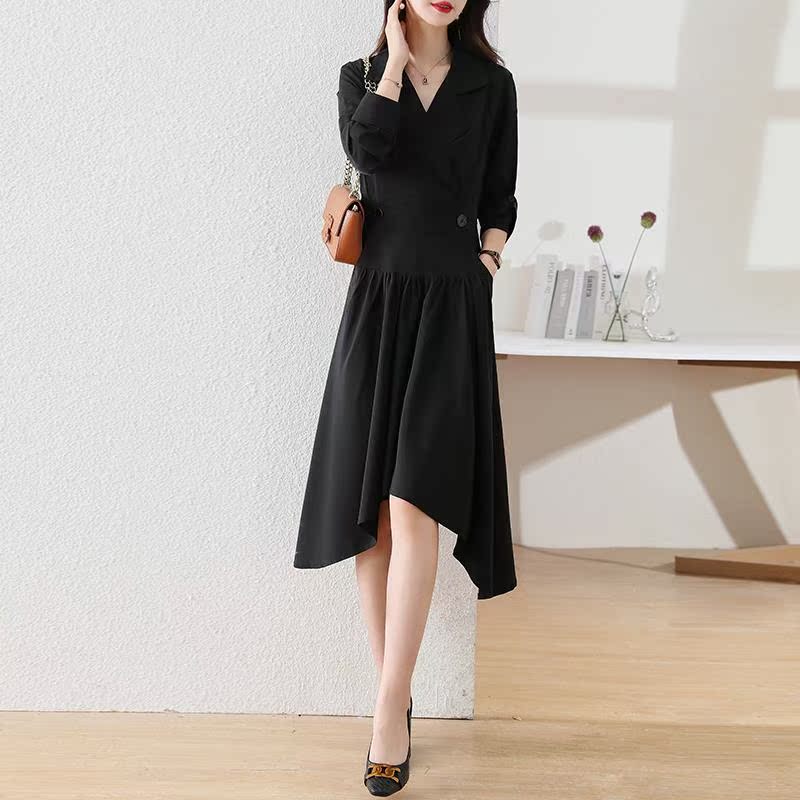 ROUMIKL西装领气质名媛长袖不规则赫本黑色收腰过膝洋装女2025春