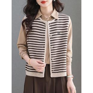 ROUMIKL时尚条纹针织外搭无袖马甲女士时髦洋气2025秋季新款毛衣
