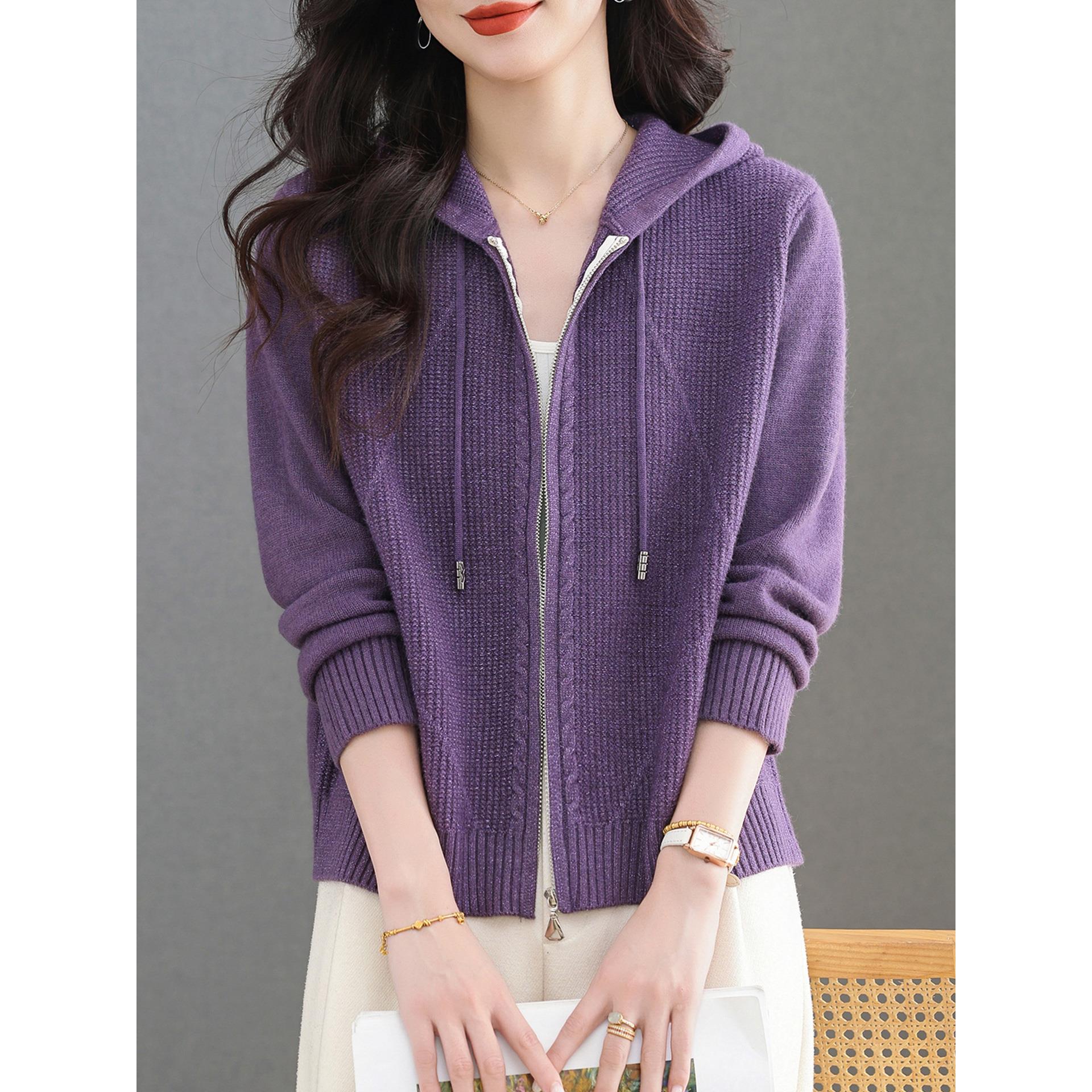 ROUMIKL早秋休闲拉炼连帽针织衫长袖上衣秋季红色毛衣开衫外套女2