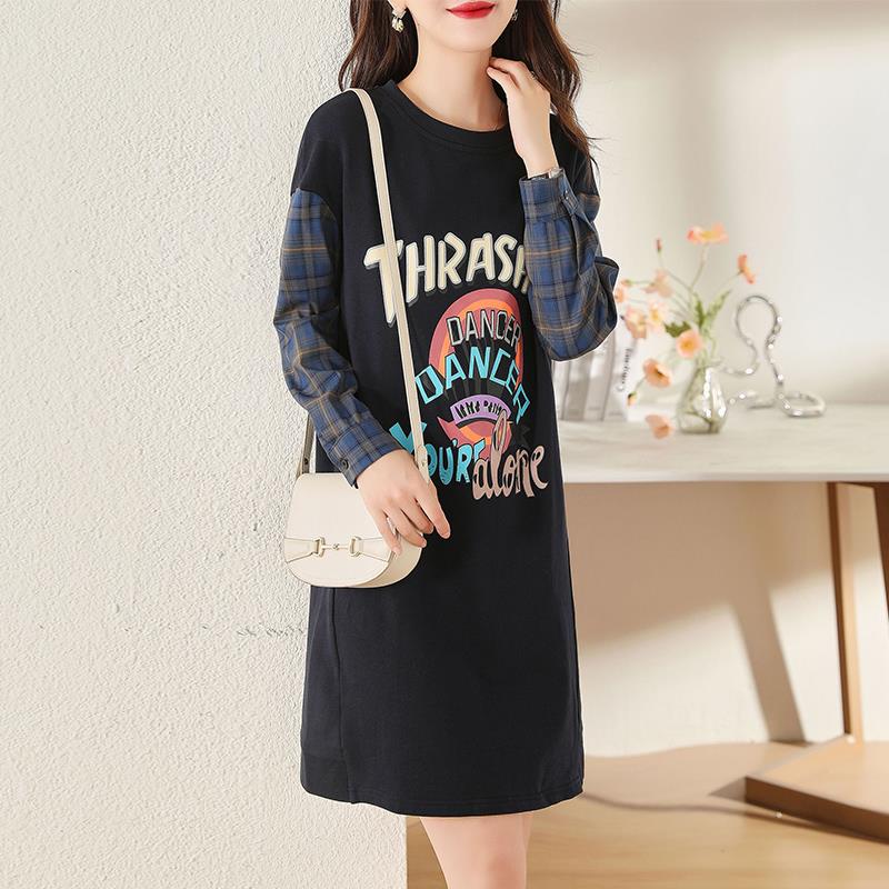 ROUMIKL休闲 拼接印花洋装女2025年春季新款宽松设计感中长版a字