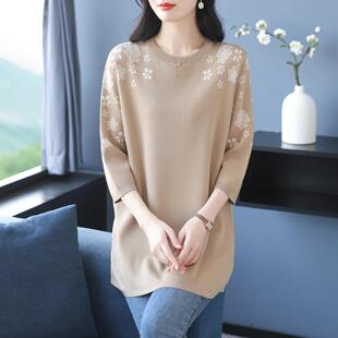 ROUMIKL中长版七分袖针织衫女士春秋薄款2025新款洋派妈妈宽松遮