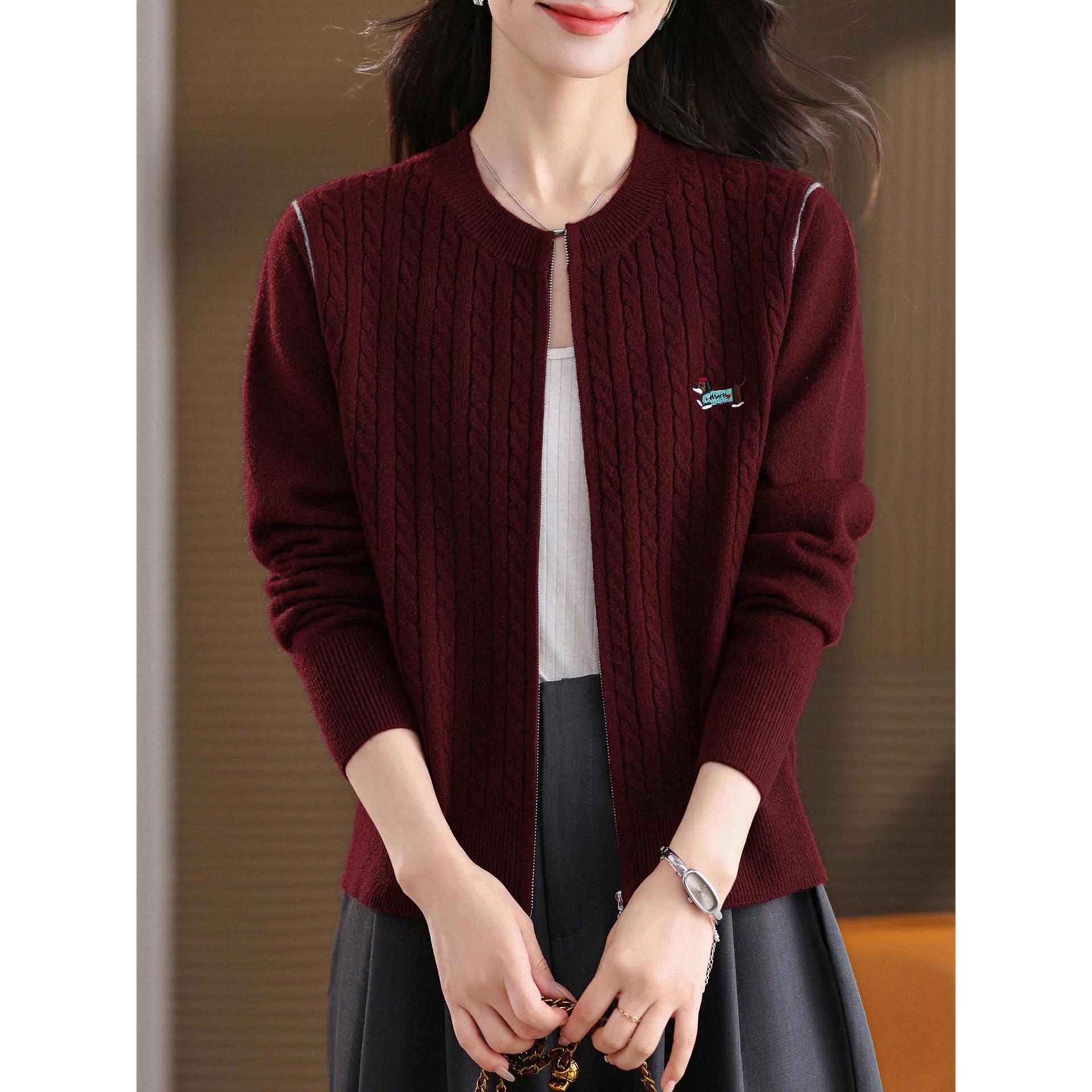 ROUMIKL学院风麻花针织开衫女2025秋季新款拉炼毛衣外套春秋气质