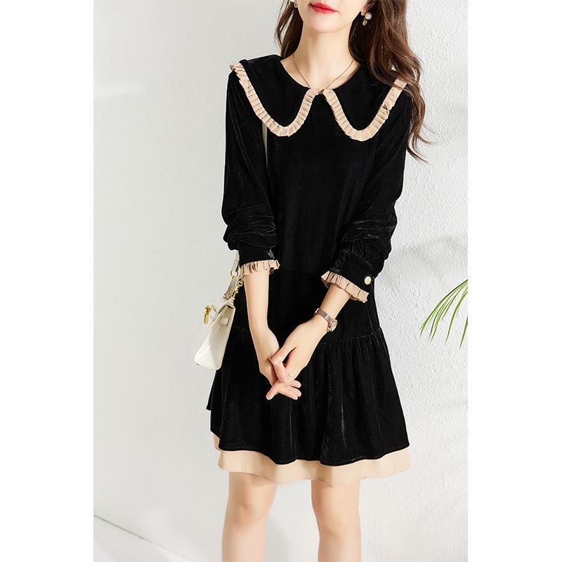 ROUMIKL气质娃娃领丝绒洋装女春季2025新款小个子宽松显瘦设计感