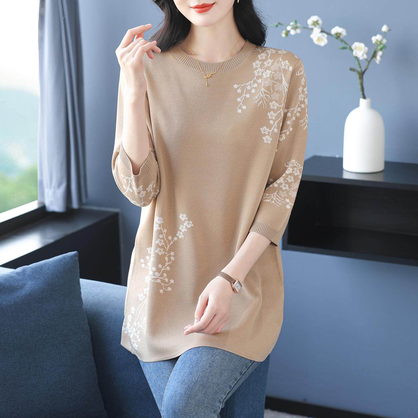 ROUMIKL中年妈妈春秋2025新款早秋薄款针织衫女七分袖宽松遮屁股