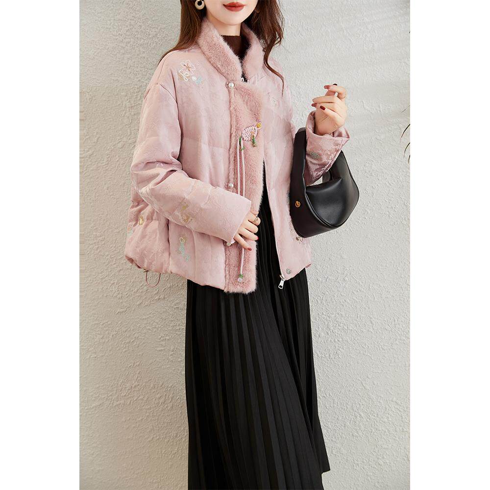 ROUMIKL新中式国风彷貂毛领绣花服女2025冬季新款覆古盘扣白鸭绒