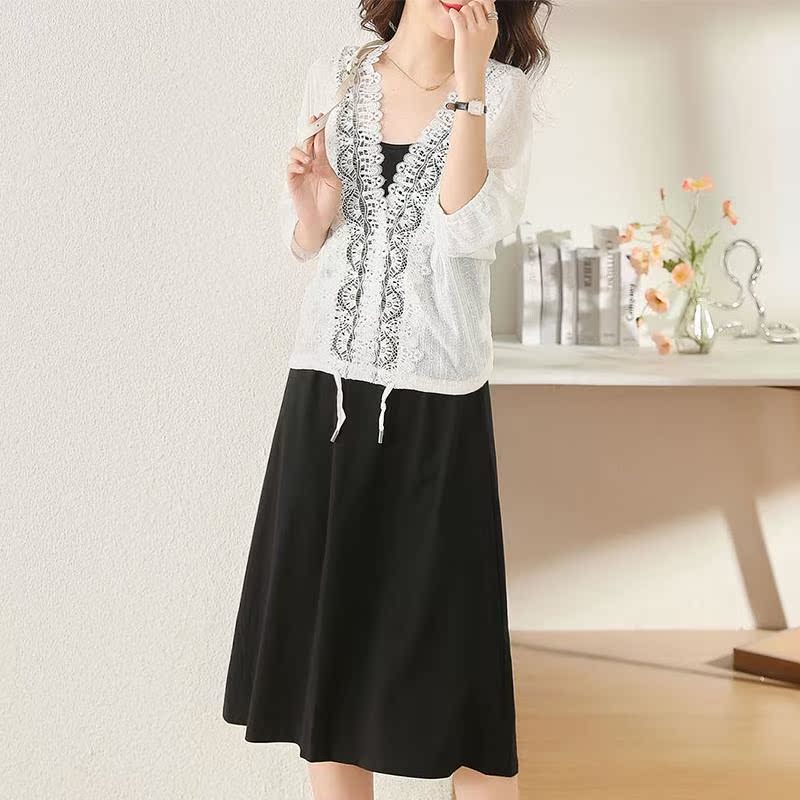 ROUMIKL春季2025年新款女装法式时尚蕾丝洋派休闲两件式裙白色连