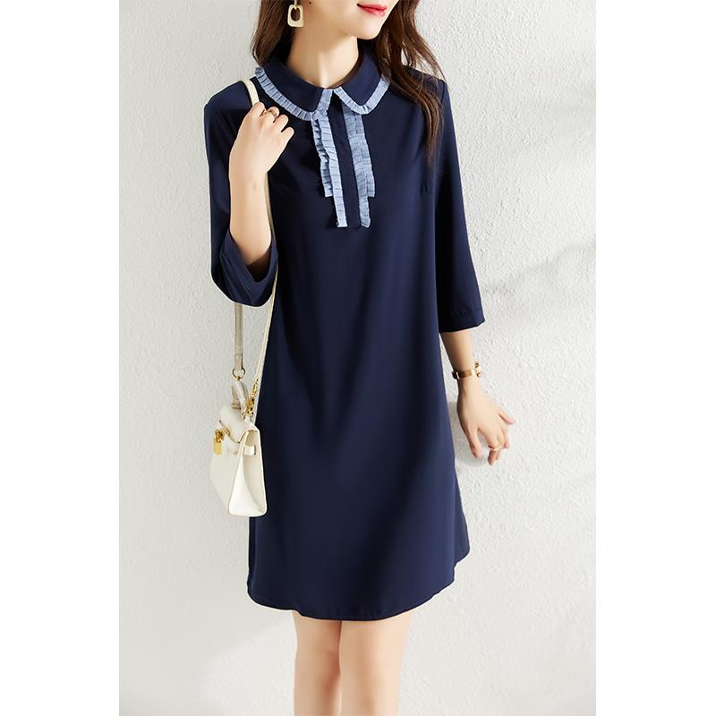 ROUMIKL气质减龄娃娃领七分袖洋装女春季2025新款小个子遮肉显瘦a