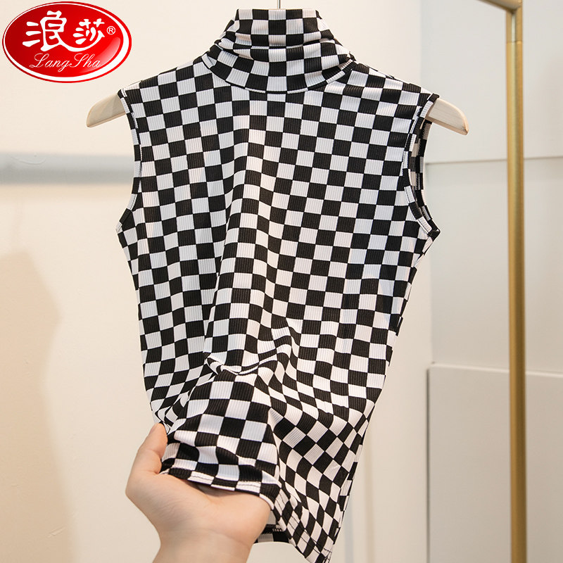 浪莎正品棋盘格无袖T恤女修身2026春季新款高领印花洋气女装背心