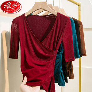浪莎V领网纱打底衫女五分袖洋气