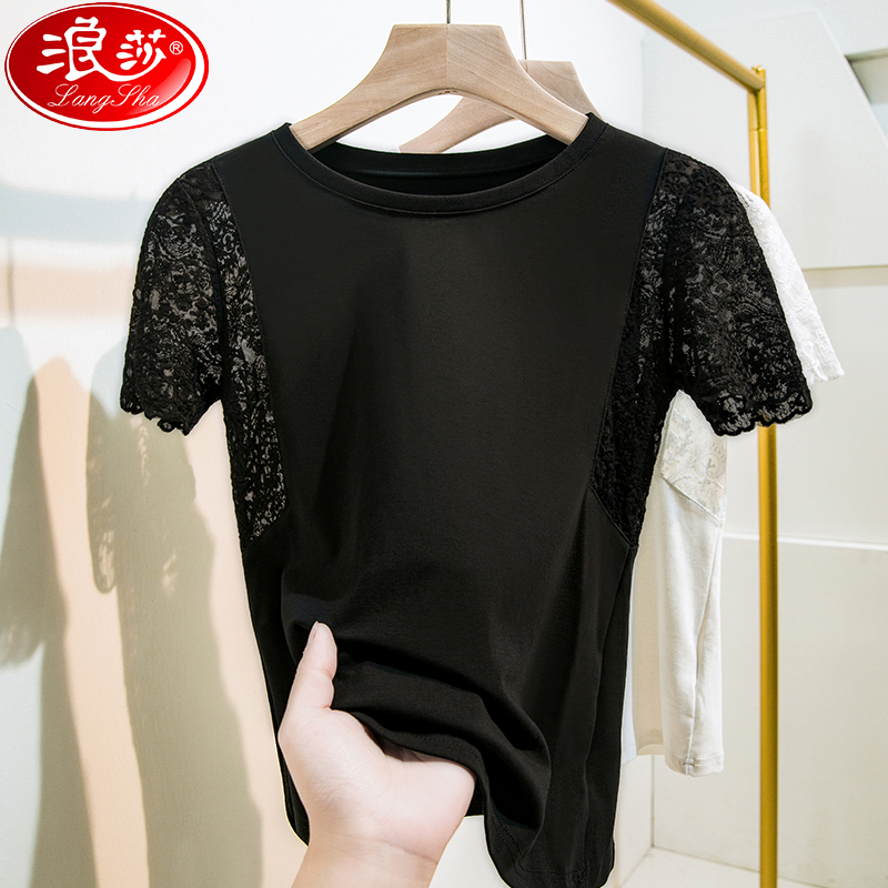 浪莎正品蕾丝拼接镂空T恤女短袖