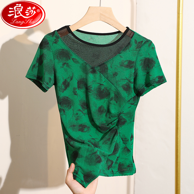 浪莎印花网纱拼接T恤女短袖