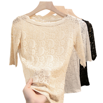 浪莎蕾丝T恤女五分袖洋气