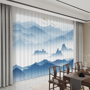 新中式纱帘阳台禅意书房茶室客厅中国风水墨山水画透光不透人窗帘