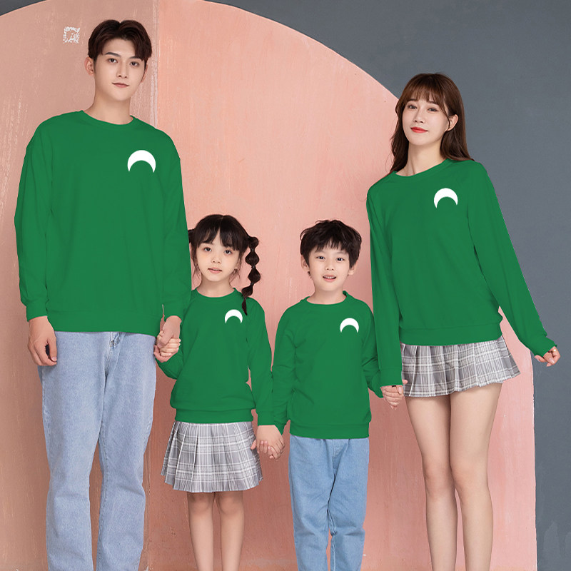 绿色长袖亲子装卫衣秋冬款一家三口卡通休闲母女装2024新款家庭装