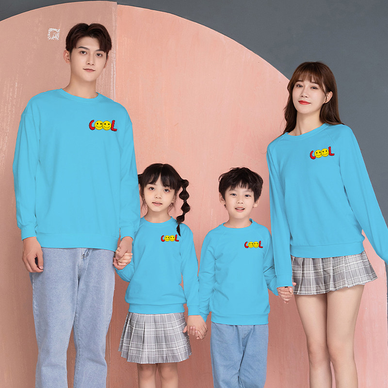 湖蓝亲子装一家三口秋装休闲长袖2024新款潮牌高端母女装定制班服