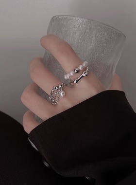日韩嘻哈镀银珍珠链条戒指