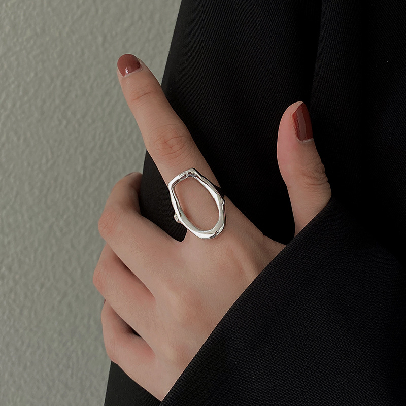 韩版S925银几何镂空不规则戒指女复古椭圆六边形开口指环食指戒潮