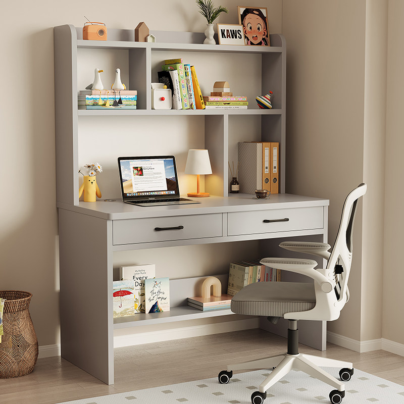 电脑桌卧室家用写字桌书架柜子一体桌子台式小户型实木学习办公桌