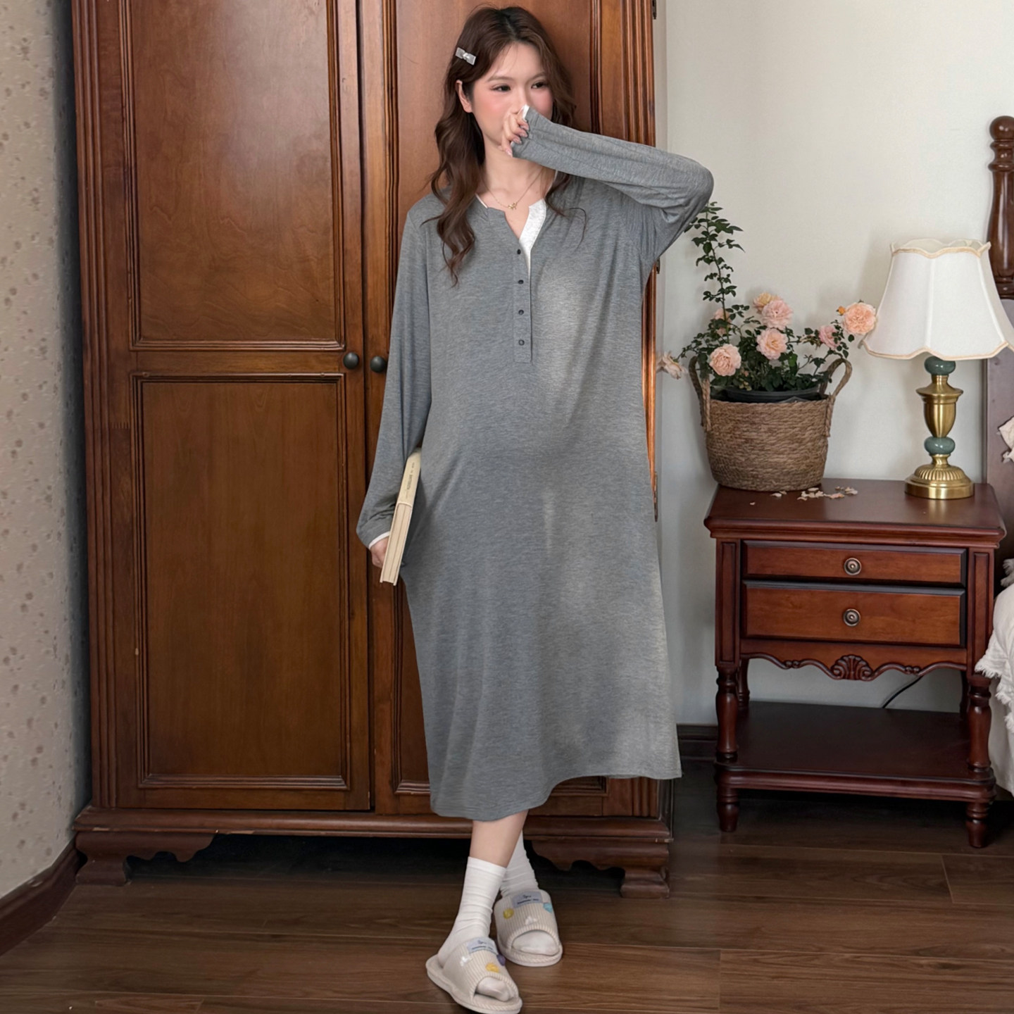 入院待产月子服带胸垫哺乳产后喂奶孕妇裙春装孕妇睡衣春季家居服