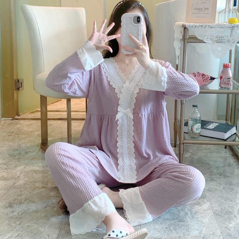 夏季月子服产后纯棉家居服两件套女哺乳期紫色孕妇睡衣莫代尔套装