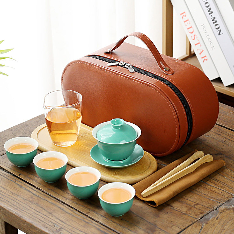 便携式旅行功夫茶具套装家用简约陶瓷盖碗玻璃茶海茶盘加印logo
