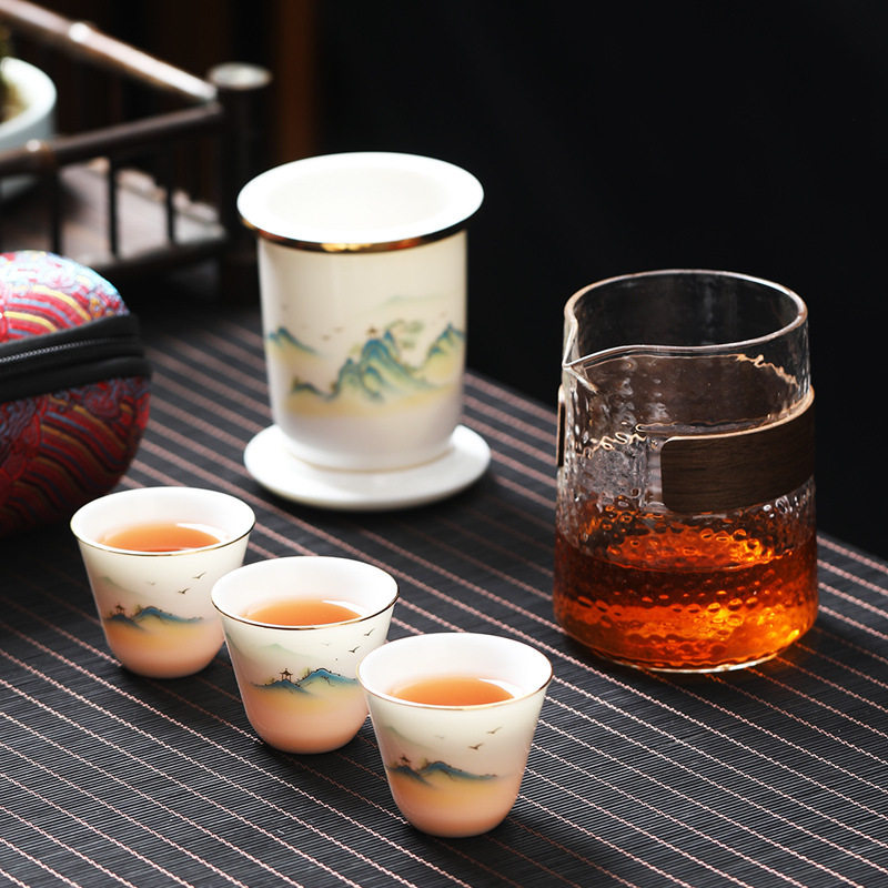 便携式玻璃旅行功夫茶具套装陶瓷快客杯泡茶杯一壶三杯户外收纳包