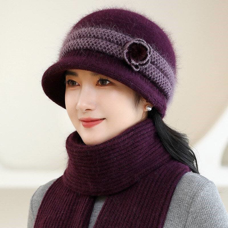冬天帽子女士妈妈奶奶加绒优雅针织毛线帽中老年人防寒帽老太太帽