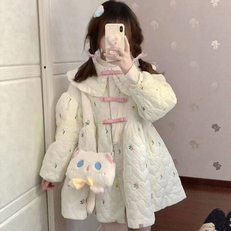 小清新甜美可爱学院风小个子蝴蝶结碎花娃娃领棉袄棉衣棉服中长裙